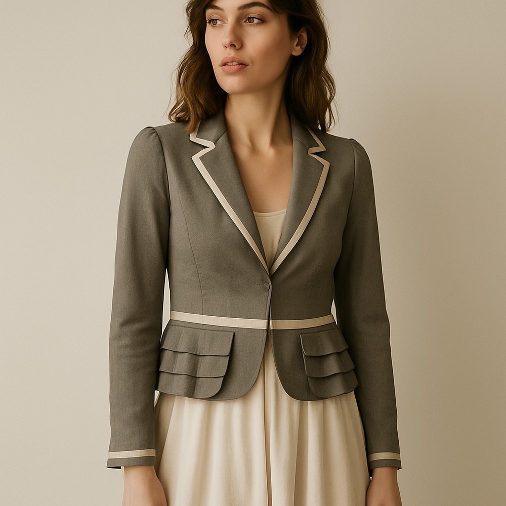Vtg Rebecca Taylor Gray Ruffle Hem Blazer Jacket Feminine Tailored Career Size 4